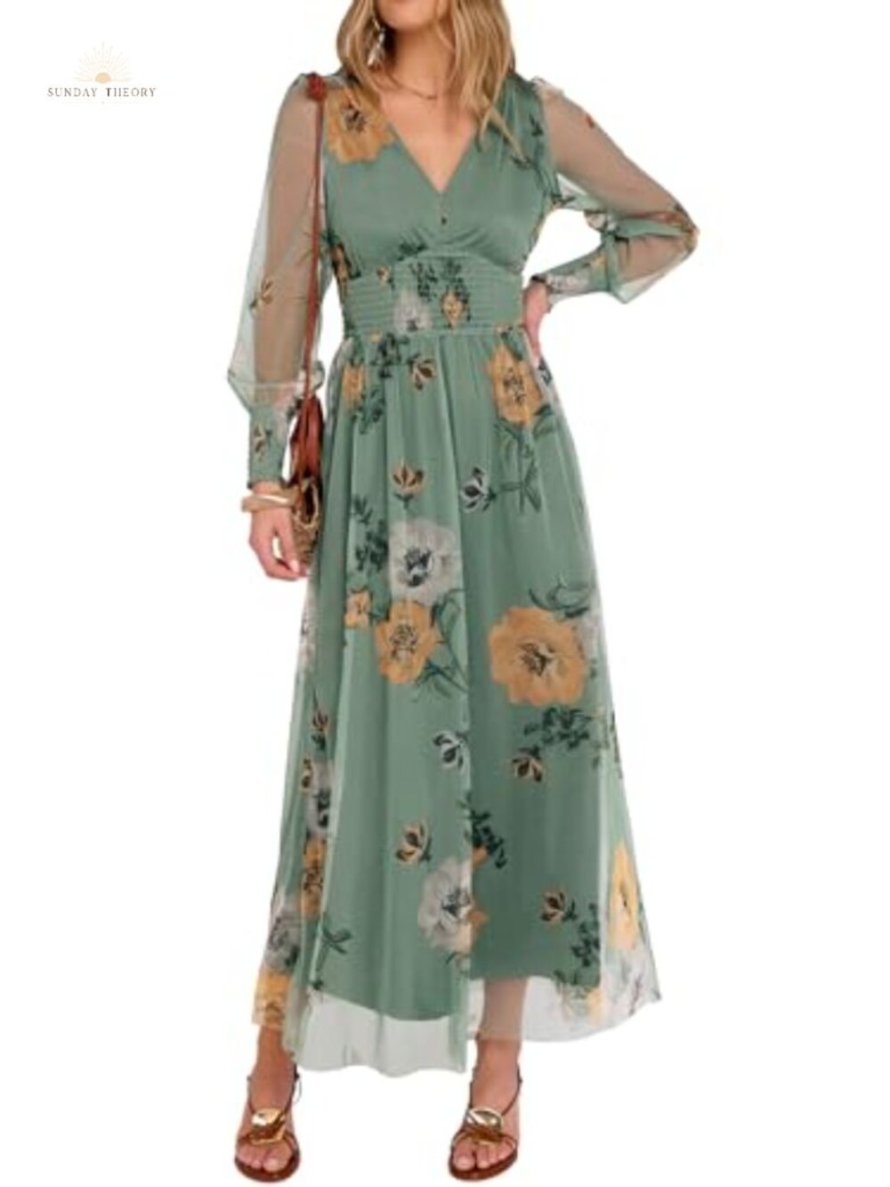 Women's Tulle Floral Long Sleeve Maxi Dress V-Neck Puff Sleeve Wedding Guest